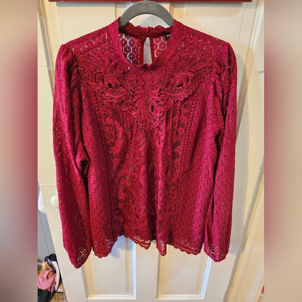 Torrid, deep red lace long sleeve blouse, size 1X
